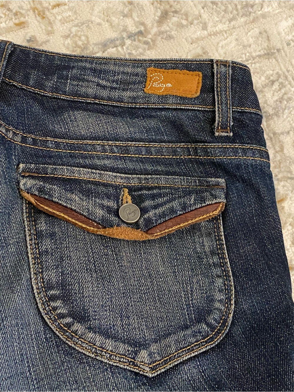 PAIGE Dark Blue Jeans with Leather Trim